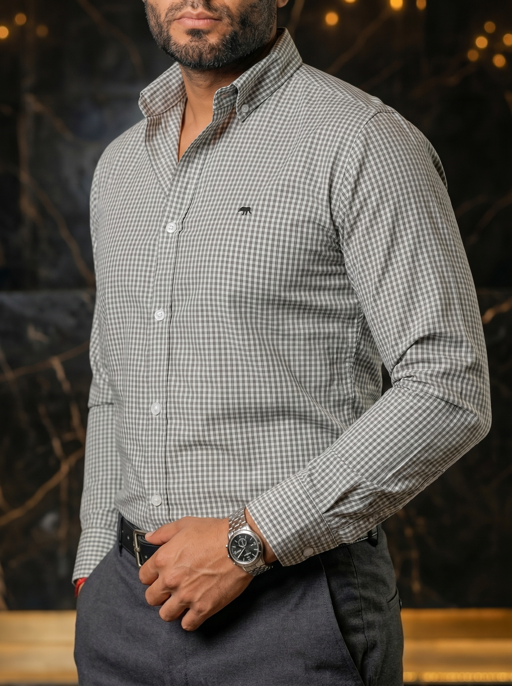 Camisa Hombre Casual Mini Cuadros Blancos Verdes