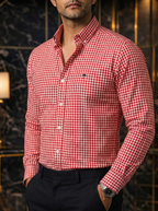 Camisa Hombre Casual Mini Cuadros Rojos Blancos