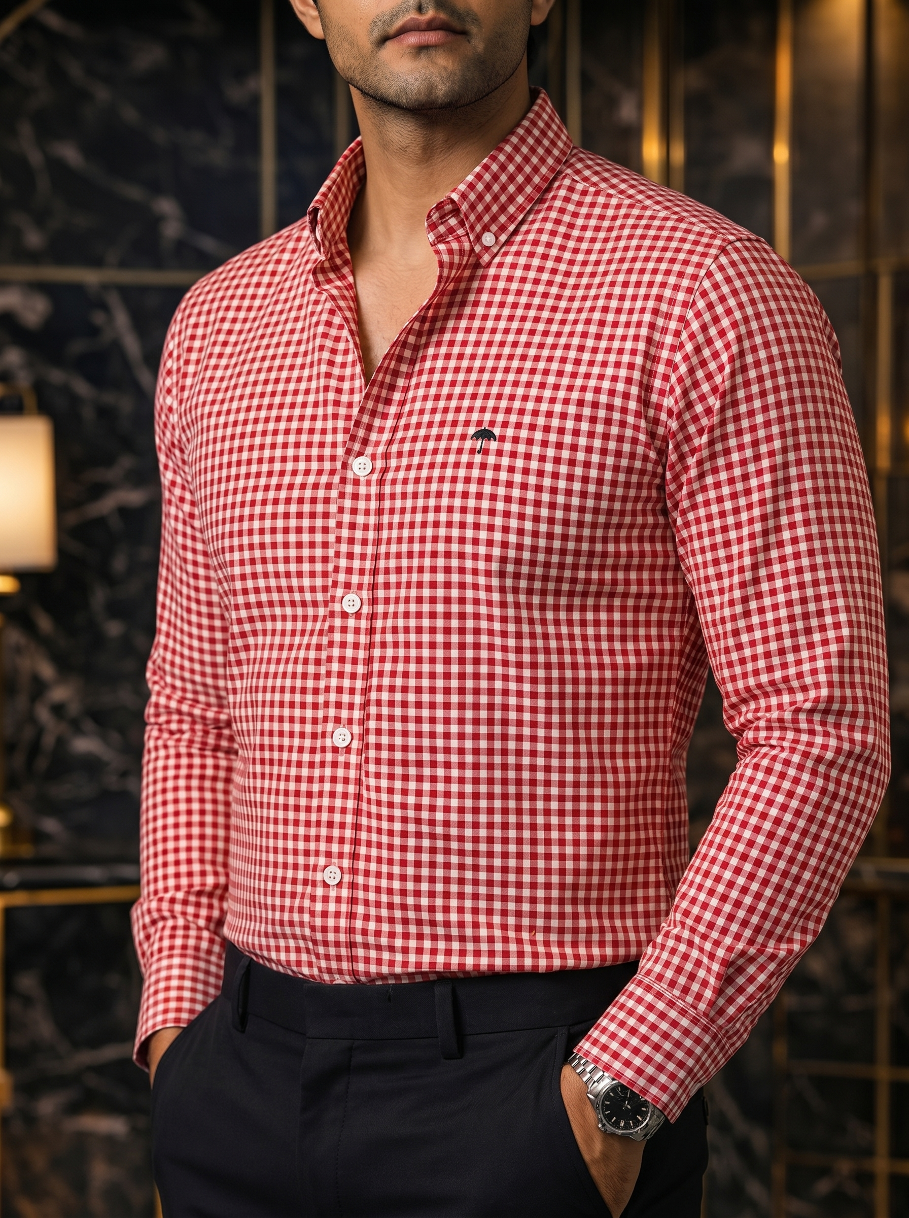 Camisa Hombre Casual Mini Cuadros Rojos Blancos