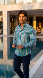 Men's Casual Shirt, Green, Gray and Blue Stripes
