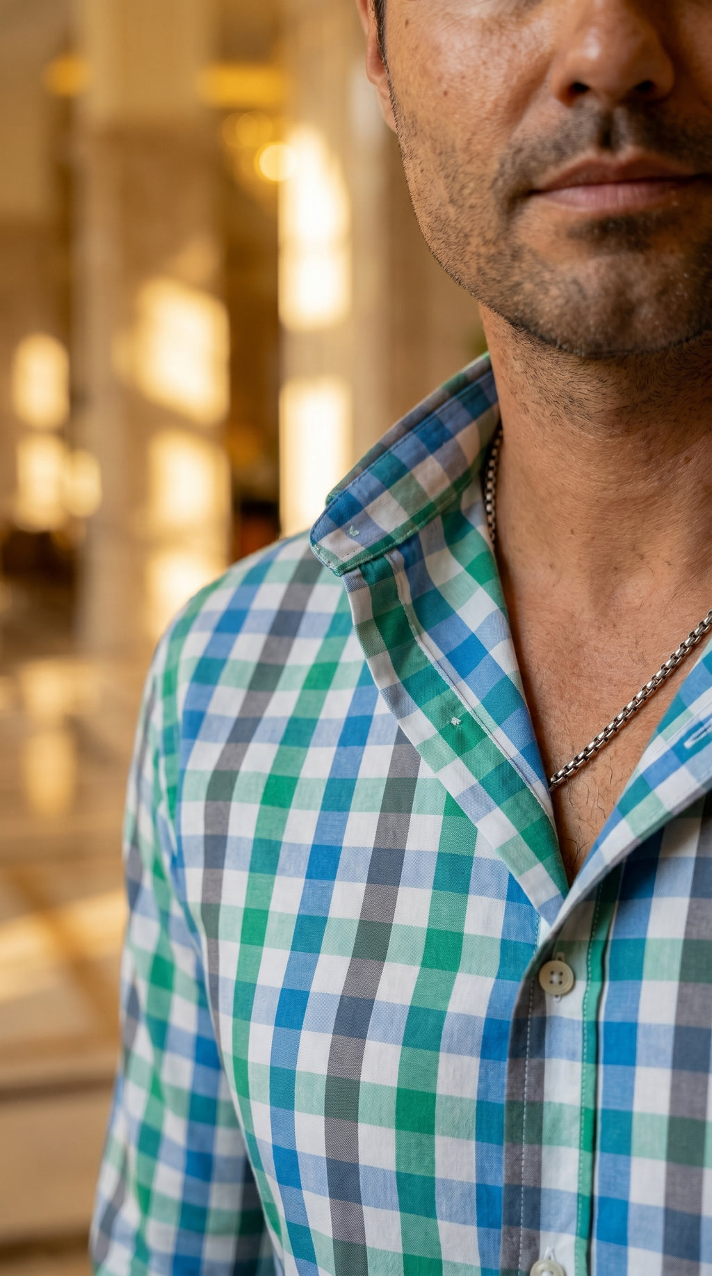 Men's Casual Shirt, Green, Gray and Blue Stripes