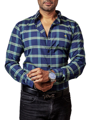 Camisa Hombre Casual Azul Marino Lineas Verdes