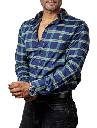 Camisa Hombre Casual Azul Marino Lineas Verdes