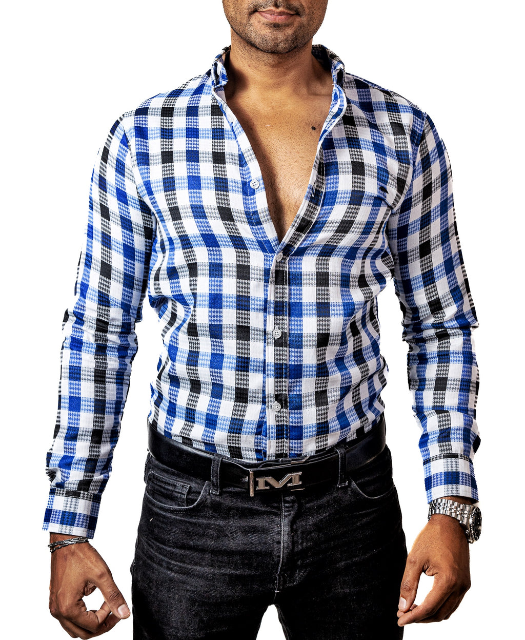 Camisa Hombre Casual Cuadros Blancos, Azules, Negros - Tiendas Platino Camisas Hombre 34 (S)