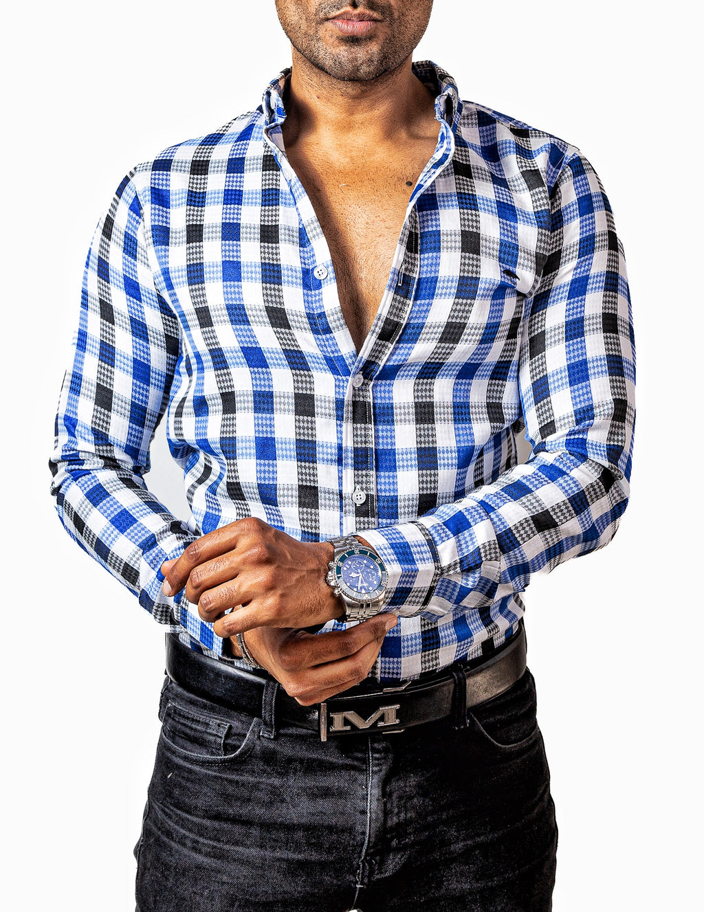 Camisa Hombre Casual Cuadros Blancos, Azules, Negros - Tiendas Platino Camisas Hombre 34 (S)