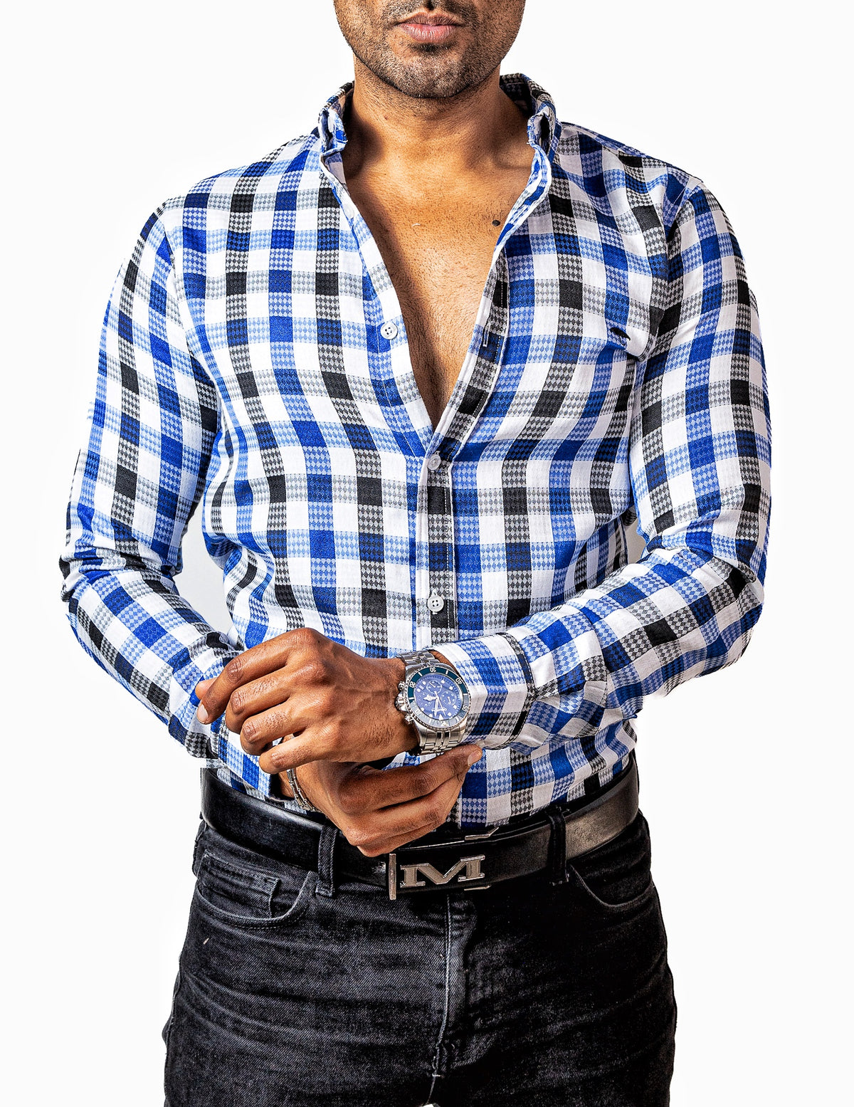 Camisa Hombre Casual Cuadros Blancos, Azules, Negros - Tiendas Platino Camisas Hombre 34 (S)