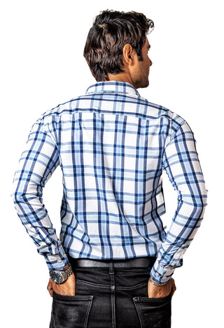 Camisa Hombre Casual Cuadros Blancos, Azul