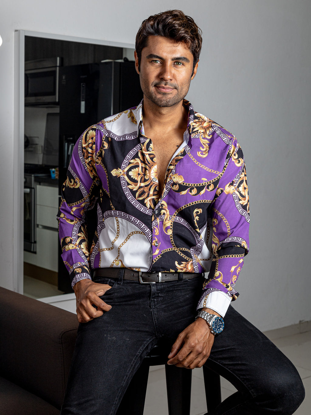 Camisa Hombre Casual Barroco Morada Y Negro Círculos - 34 (S)-Tiendas Platino