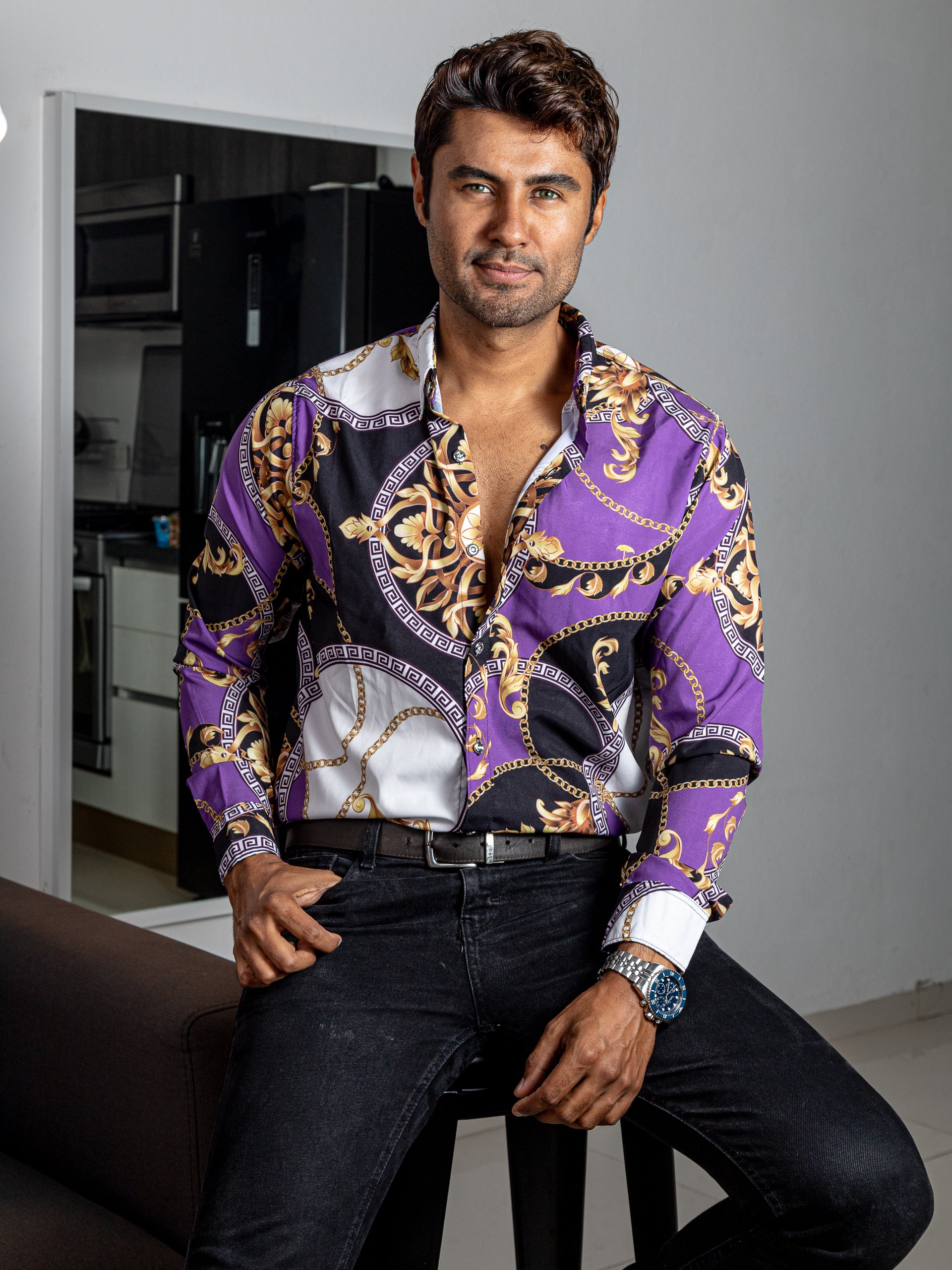 Camisa Hombre Casual Barroco Morada Y Negro Círculos - 34 (S)-Tiendas Platino