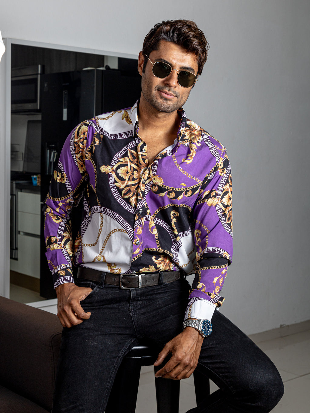 Camisa Hombre Casual Barroco Morada Y Negro Círculos - 34 (S)-Tiendas Platino