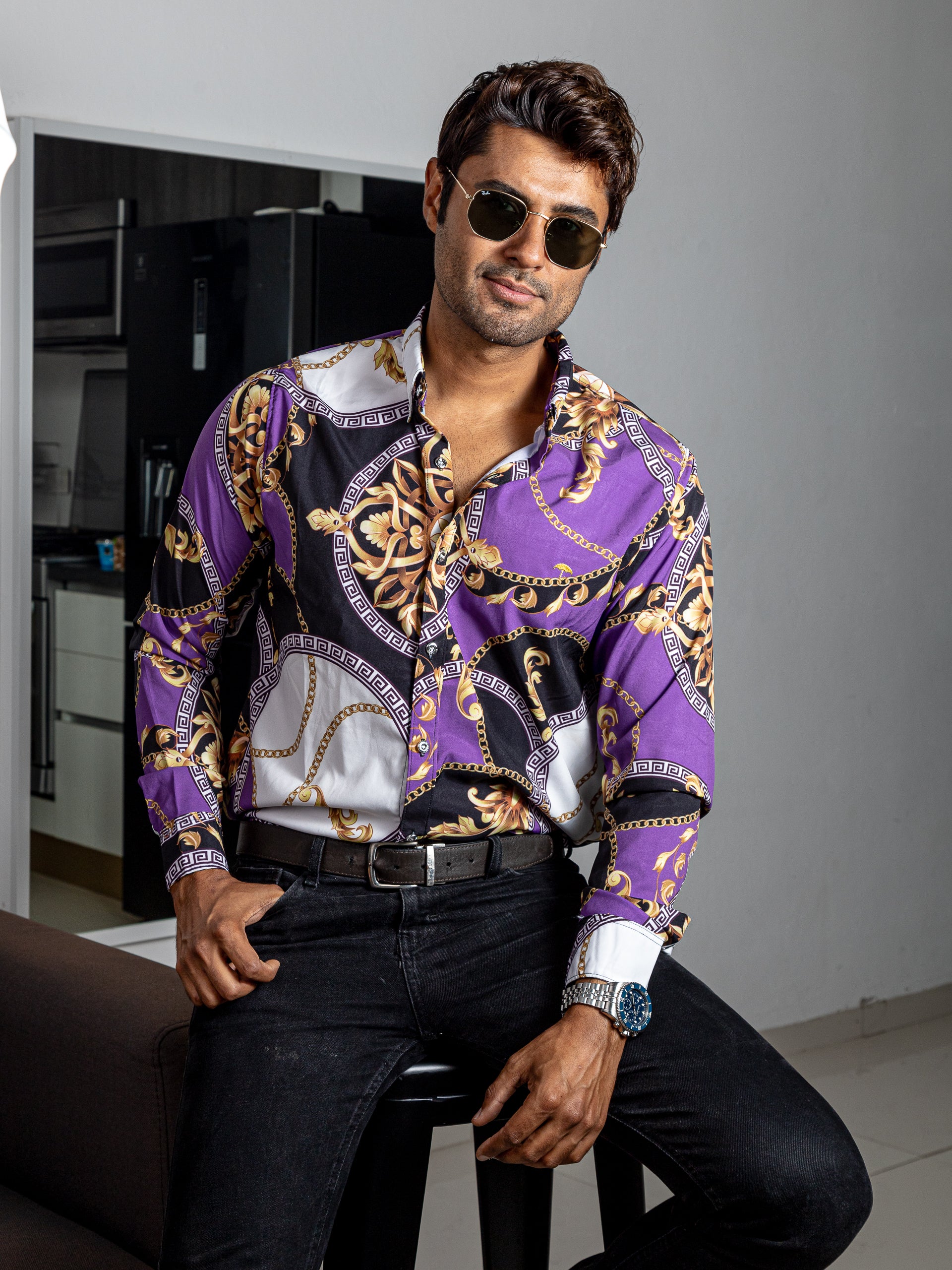 Camisa Hombre Casual Barroco Morada Y Negro Círculos - 34 (S)-Tiendas Platino