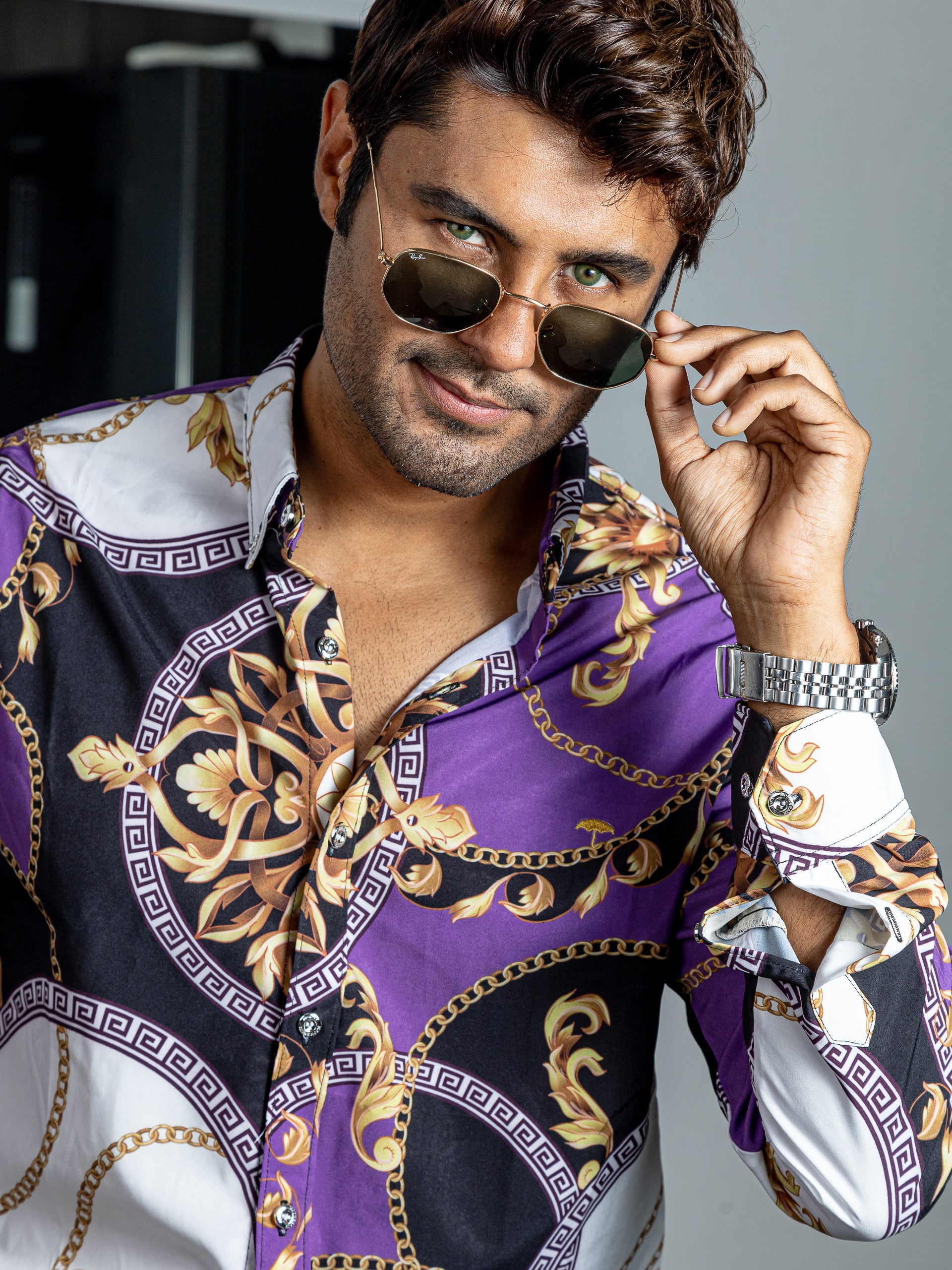 Camisa Hombre Casual Barroco Morada Y Negro Círculos - 34 (S)-Tiendas Platino