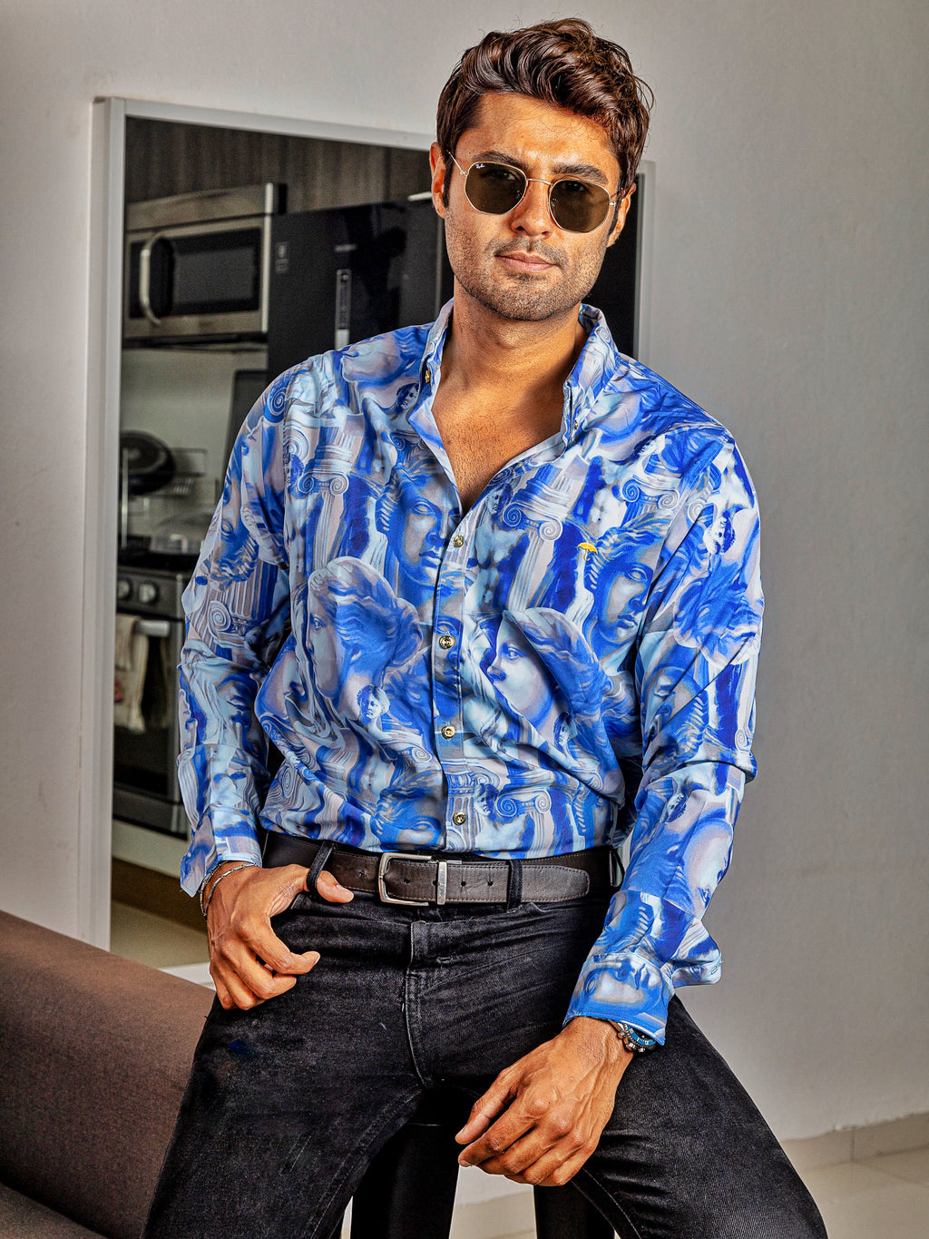 Camisa Hombre Estatua Renacentista Azul Regular Fit - 36 (M)-Tiendas Platino