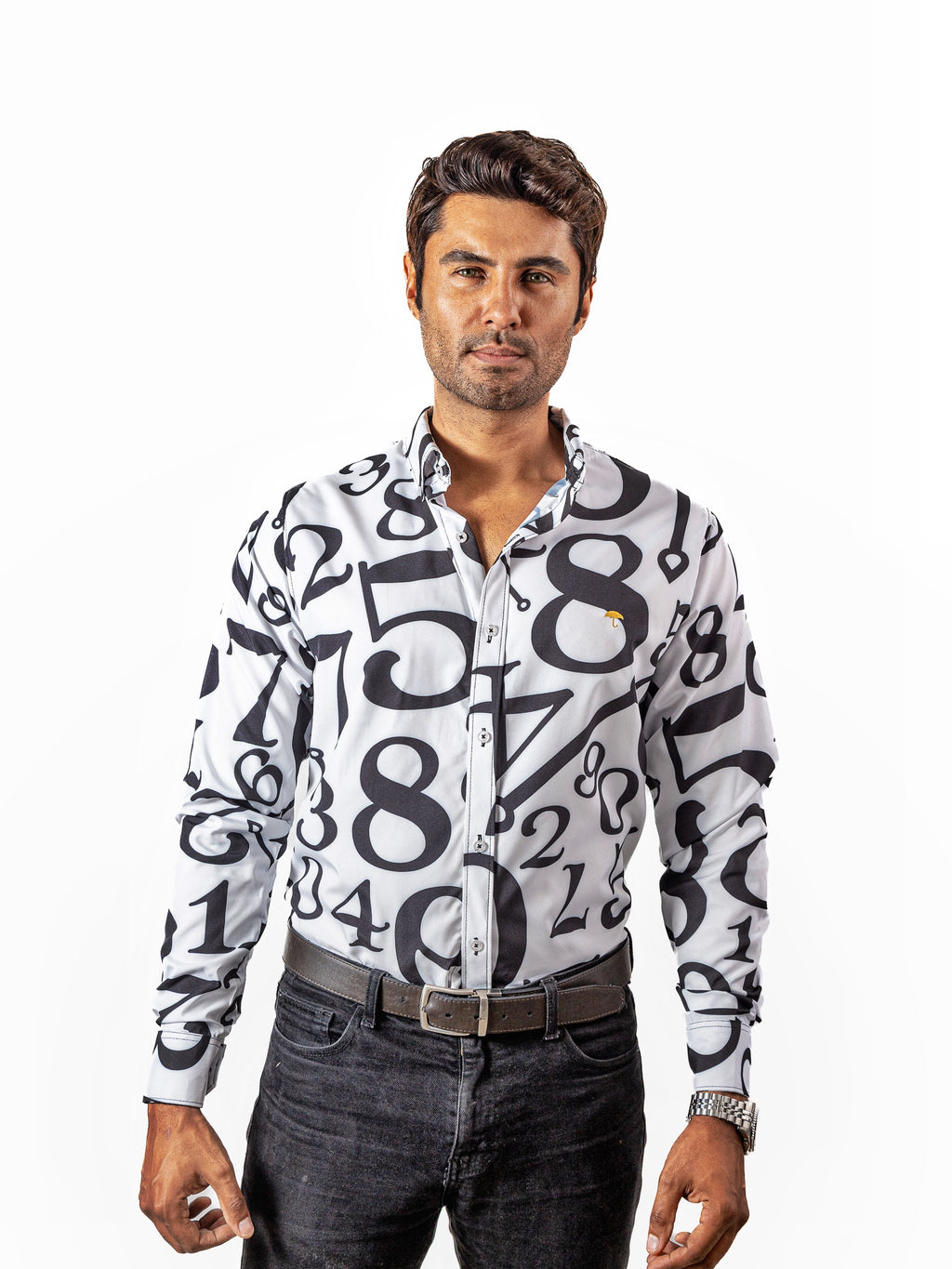 Camisa Hombre Casual Blanca Números Negros Regular Fit - 34 (S)-Tiendas Platino
