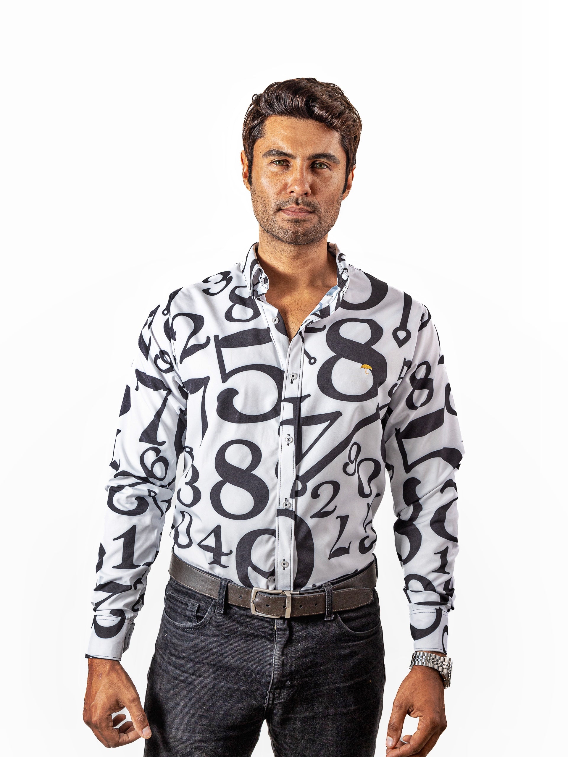 Camisa Hombre Casual Blanca Números Negros Regular Fit - 34 (S)-Tiendas Platino