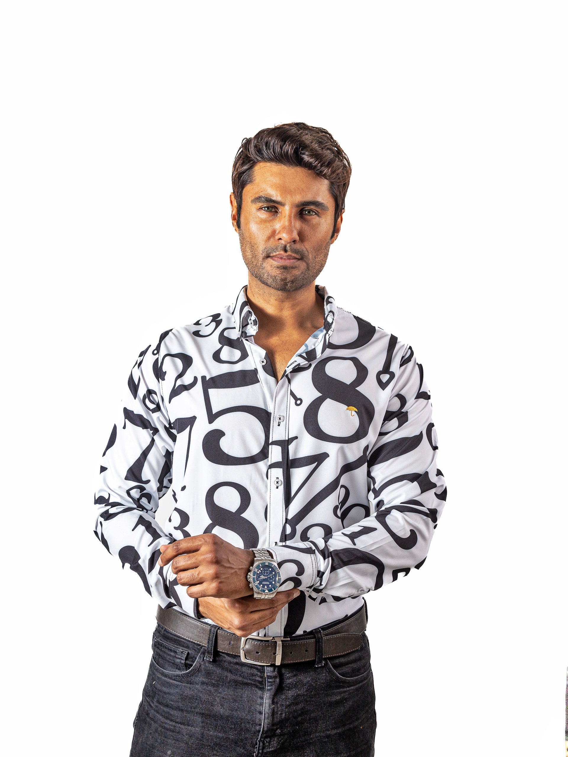 Camisa Hombre Casual Blanca Números Negros Regular Fit - 34 (S)-Tiendas Platino