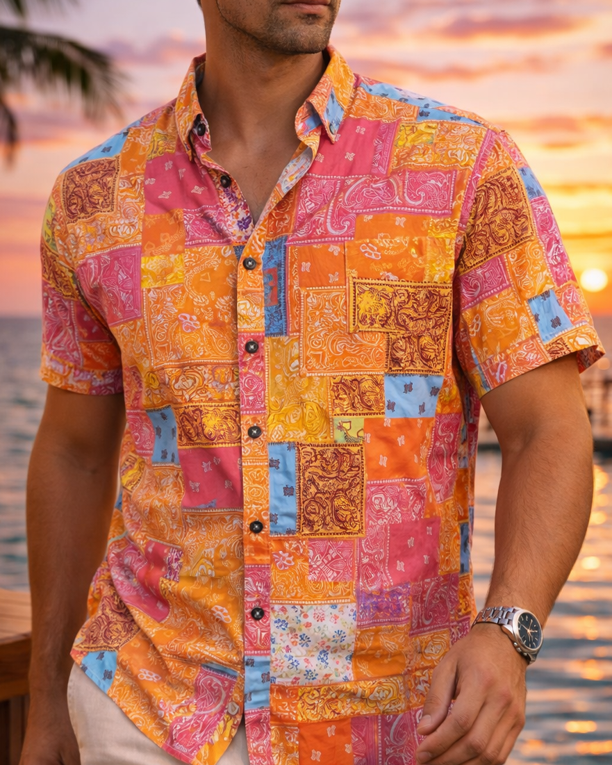 Camisa Hombre Casual Manga Corta Cuadros Naranjas Rosas Floreada Bandana