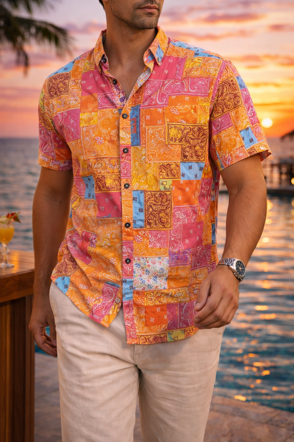 Camisa Hombre Casual Manga Corta Cuadros Naranjas Rosas Floreada Bandana