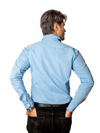 Camisa Casual Hombre ,micro Cuadro Azul Cielo