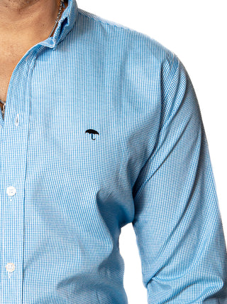 Camisa Casual Hombre ,micro Cuadro Azul Cielo