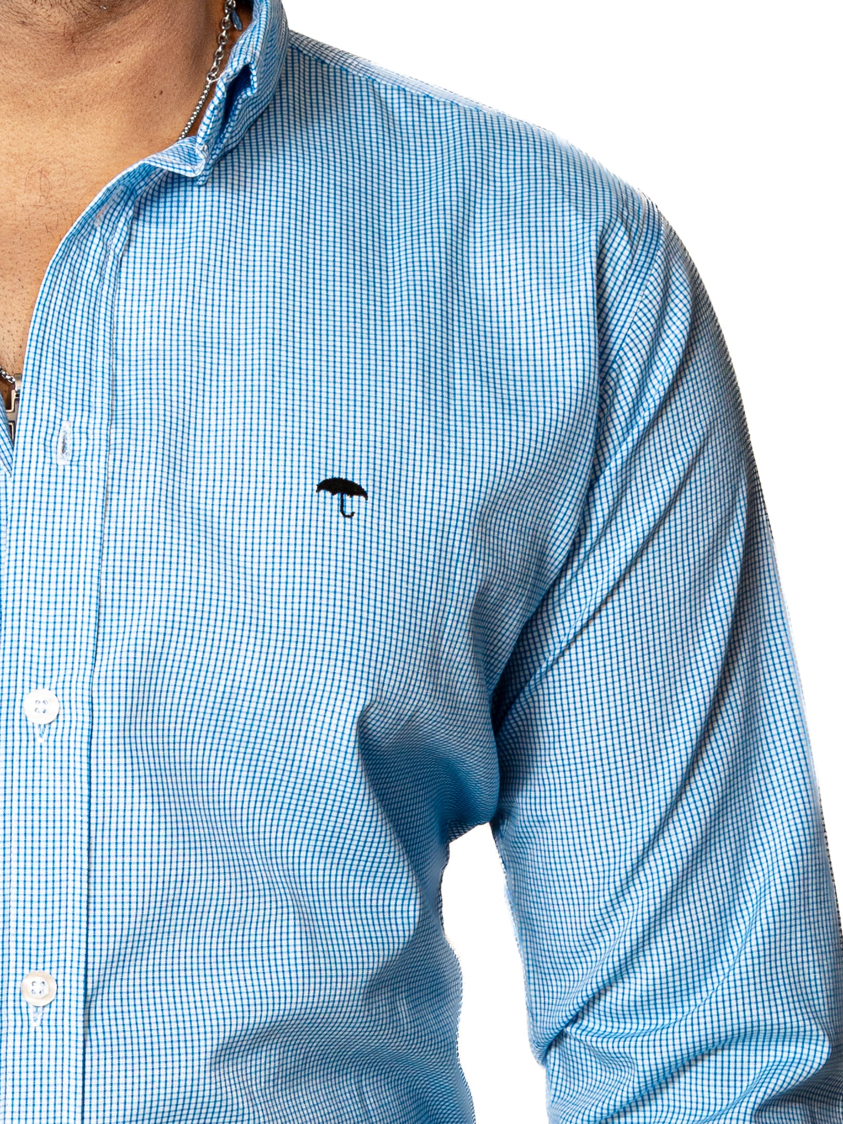Camisa Casual Hombre ,micro Cuadro Azul Cielo - 34 (S)-Tiendas Platino