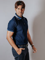 Playera Polo Hombre Slim Fit Azul Marino Detalle Gris