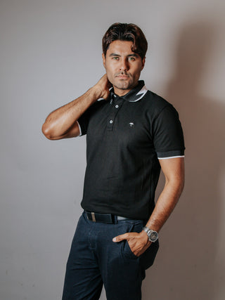 Playera Polo Hombre Slim Fit Negra Detalle Blanco