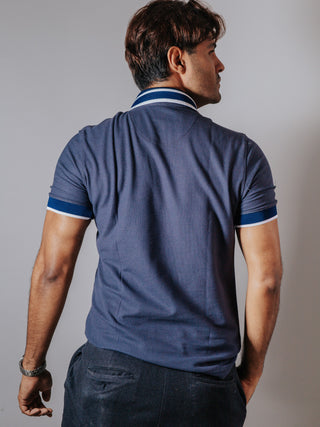 Playera Polo Hombre Slim Fit Azul Detalle Azul Marino y Blanco