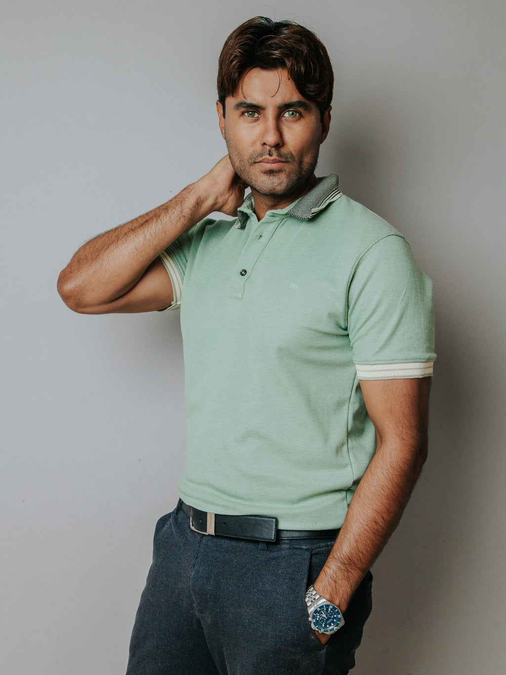 Playera Polo Hombre Slim Fit Verde Pistache Detalles Negro