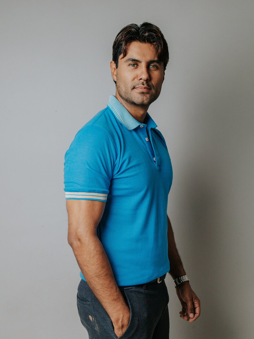 Playera Polo Hombre Slim Fit Azul Cielo Detalle Beige