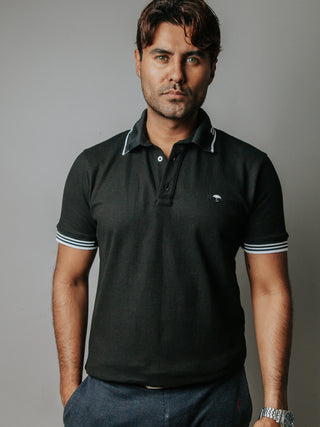 Playera Polo Hombre Slim Fit Negra Detalle Líneas Blancas