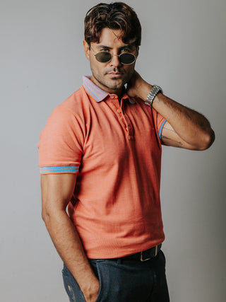 Playera Polo Hombre Slim Fit Salmón Coral Detalles Azul
