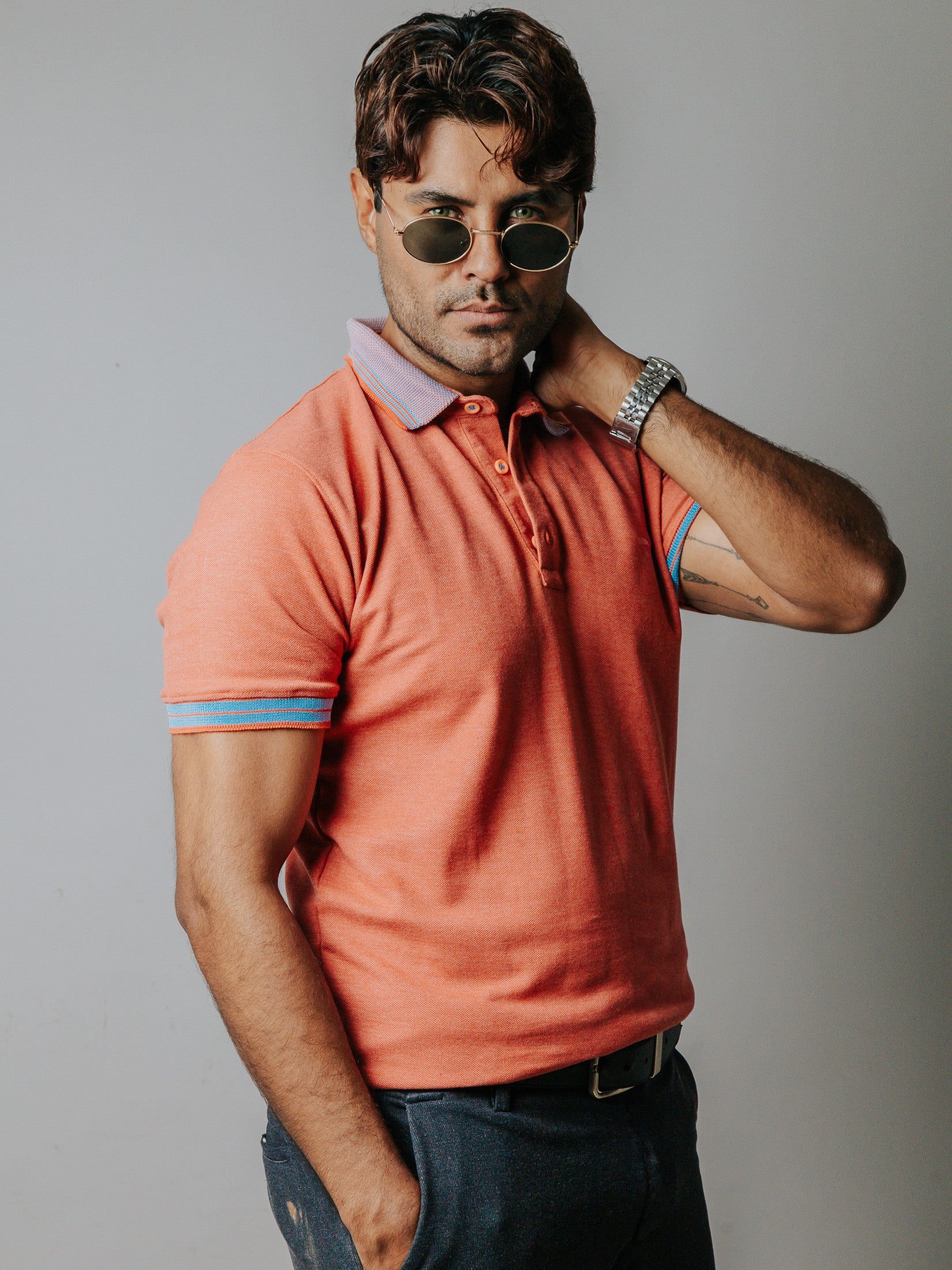 Playera Polo Hombre Slim Fit Salmón Coral Detalles Azul - 34 (S)-Tiendas Platino