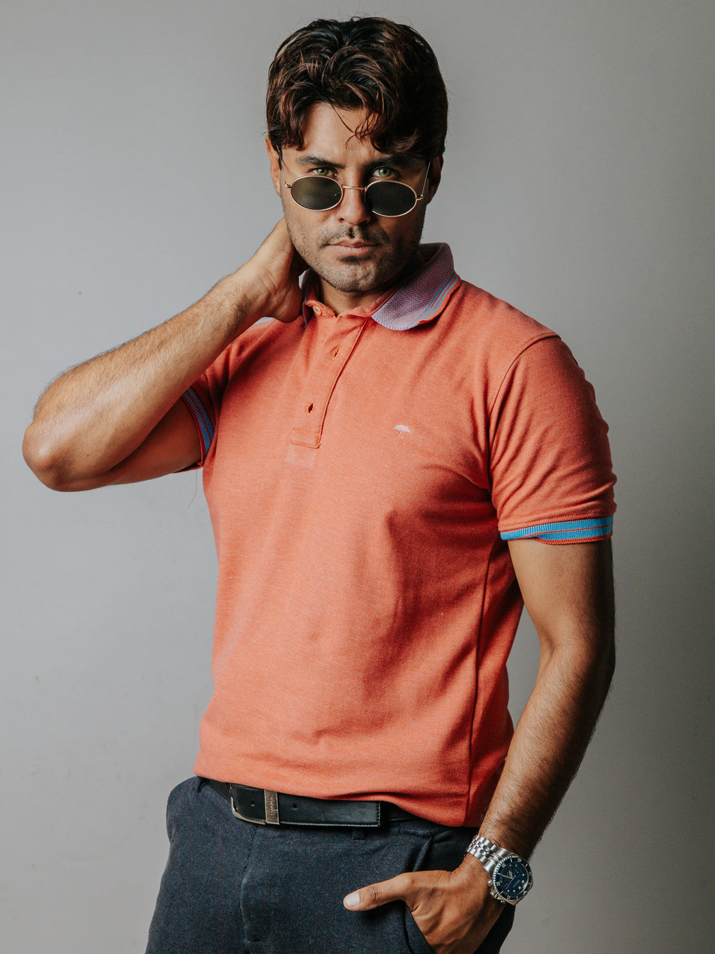 Playera Polo Hombre Slim Fit Salmón Coral Detalles Azul - 34 (S)-Tiendas Platino