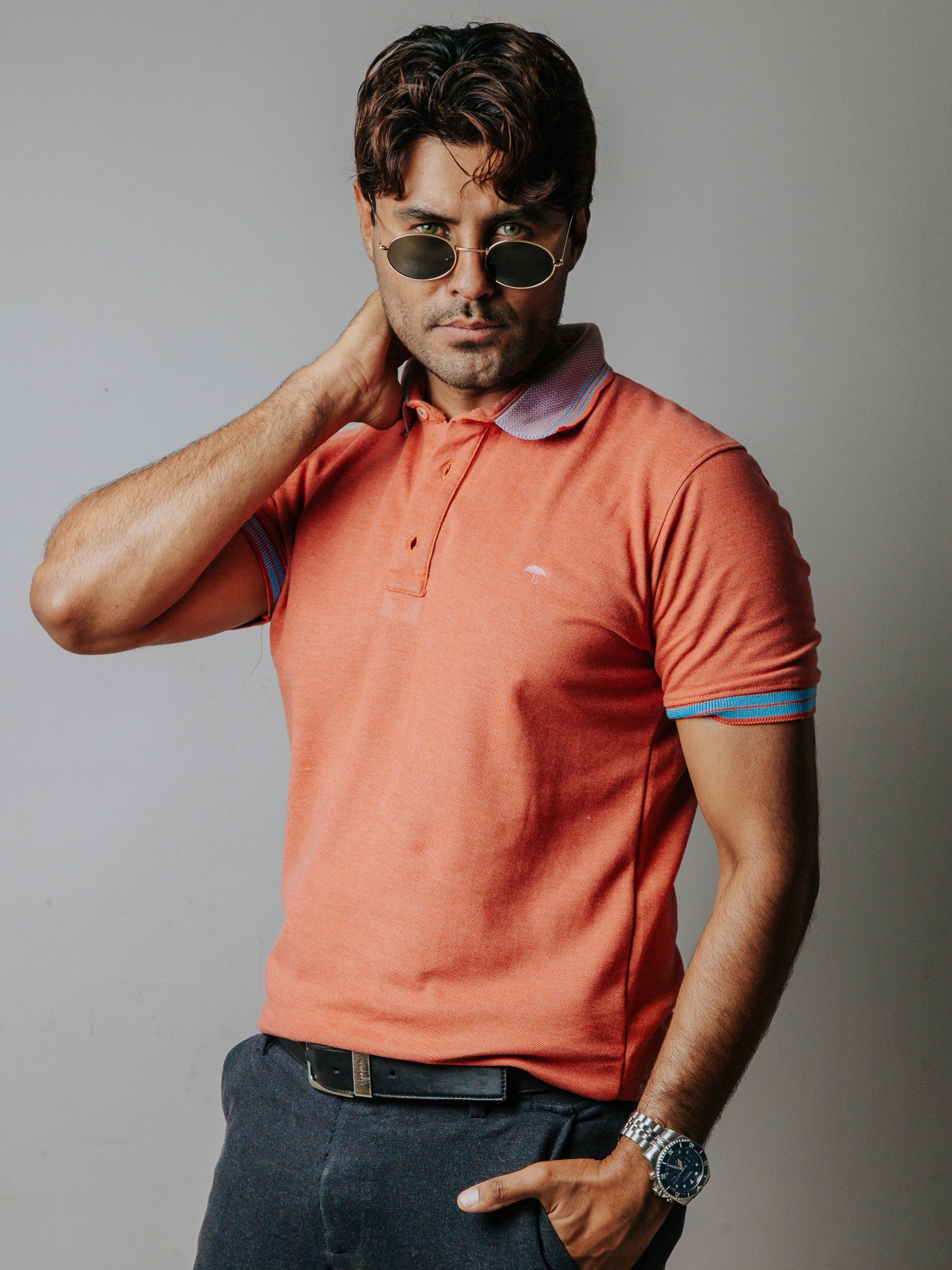 Playera Polo Hombre Slim Fit Salmón Coral Detalles Azul - 34 (S)-Tiendas Platino