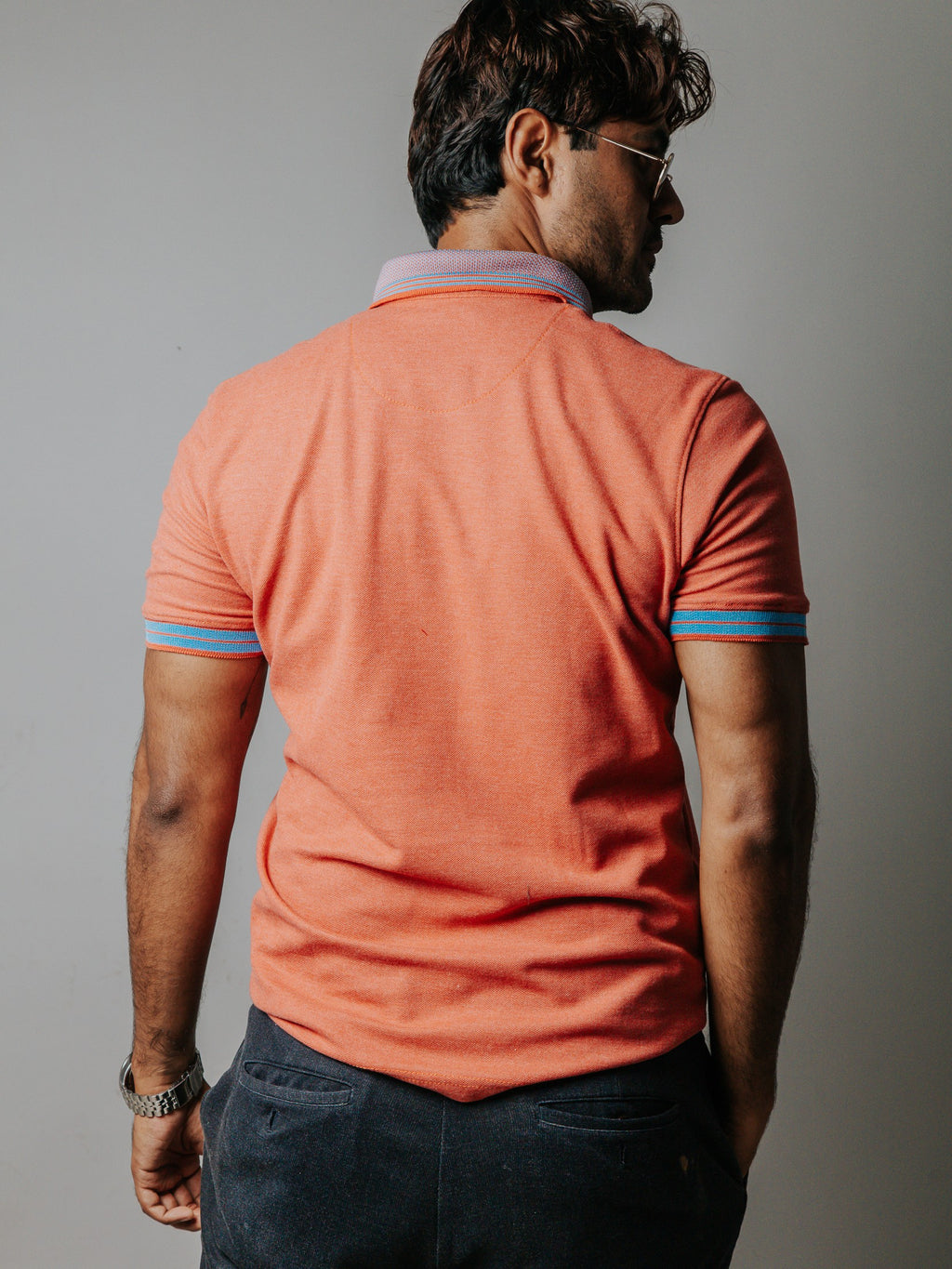 Playera Polo Hombre Slim Fit Salmón Coral Detalles Azul - 34 (S)-Tiendas Platino