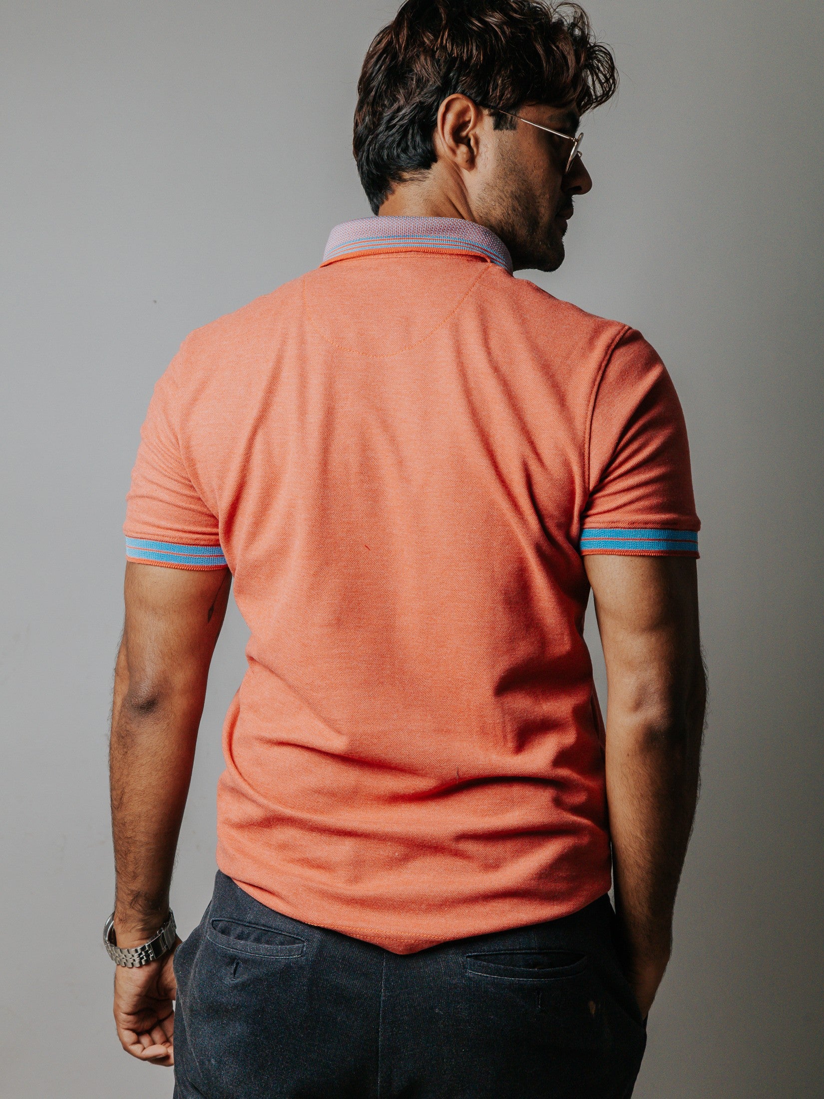 Playera Polo Hombre Slim Fit Salmón Coral Detalles Azul - 34 (S)-Tiendas Platino