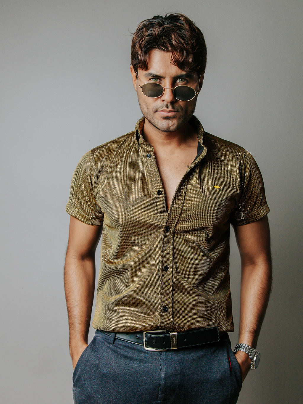 Camisa Hombre Casual Oro Brillante Manga Corta