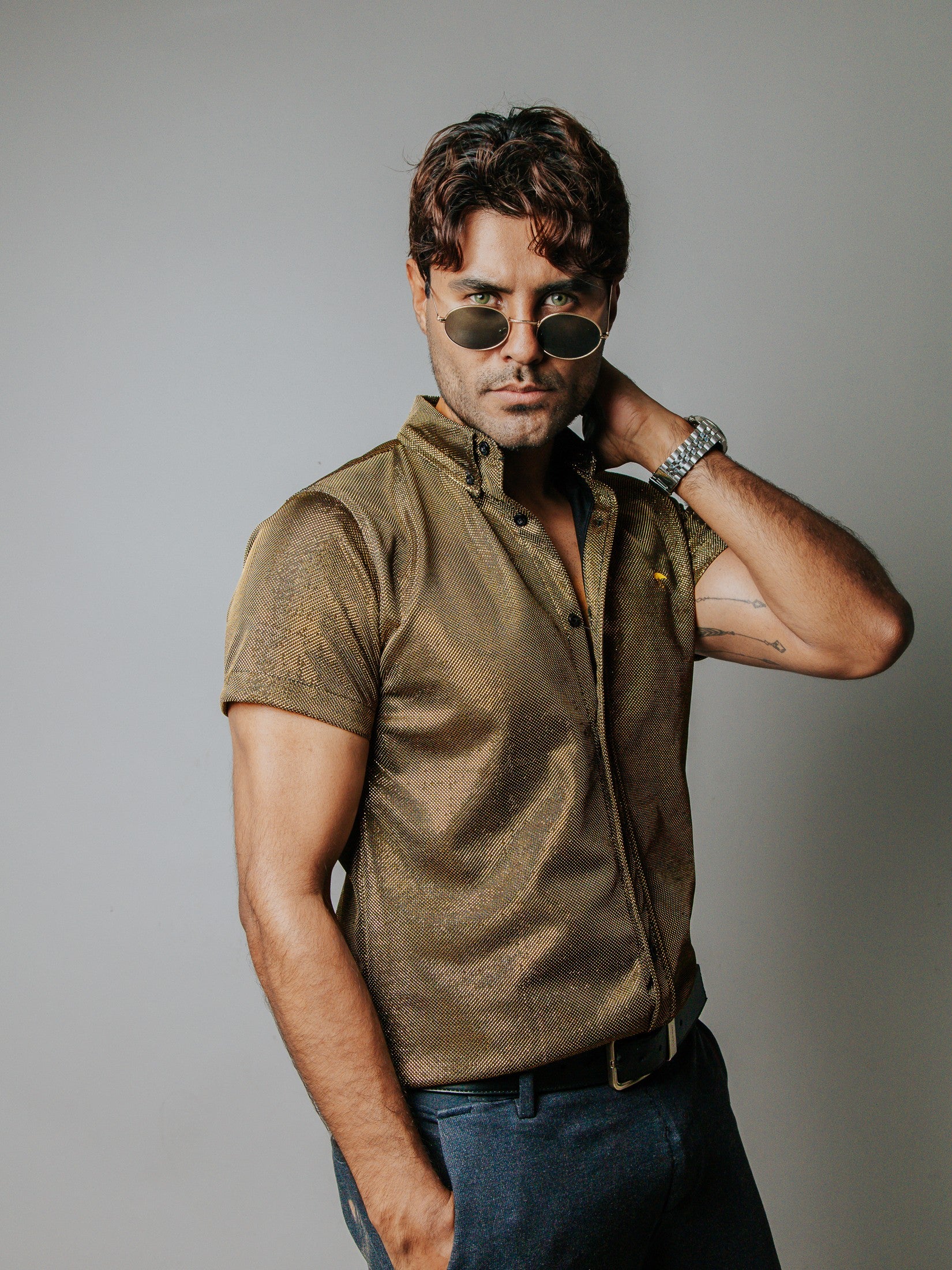 Camisa Hombre Casual Oro Brillante Manga Corta