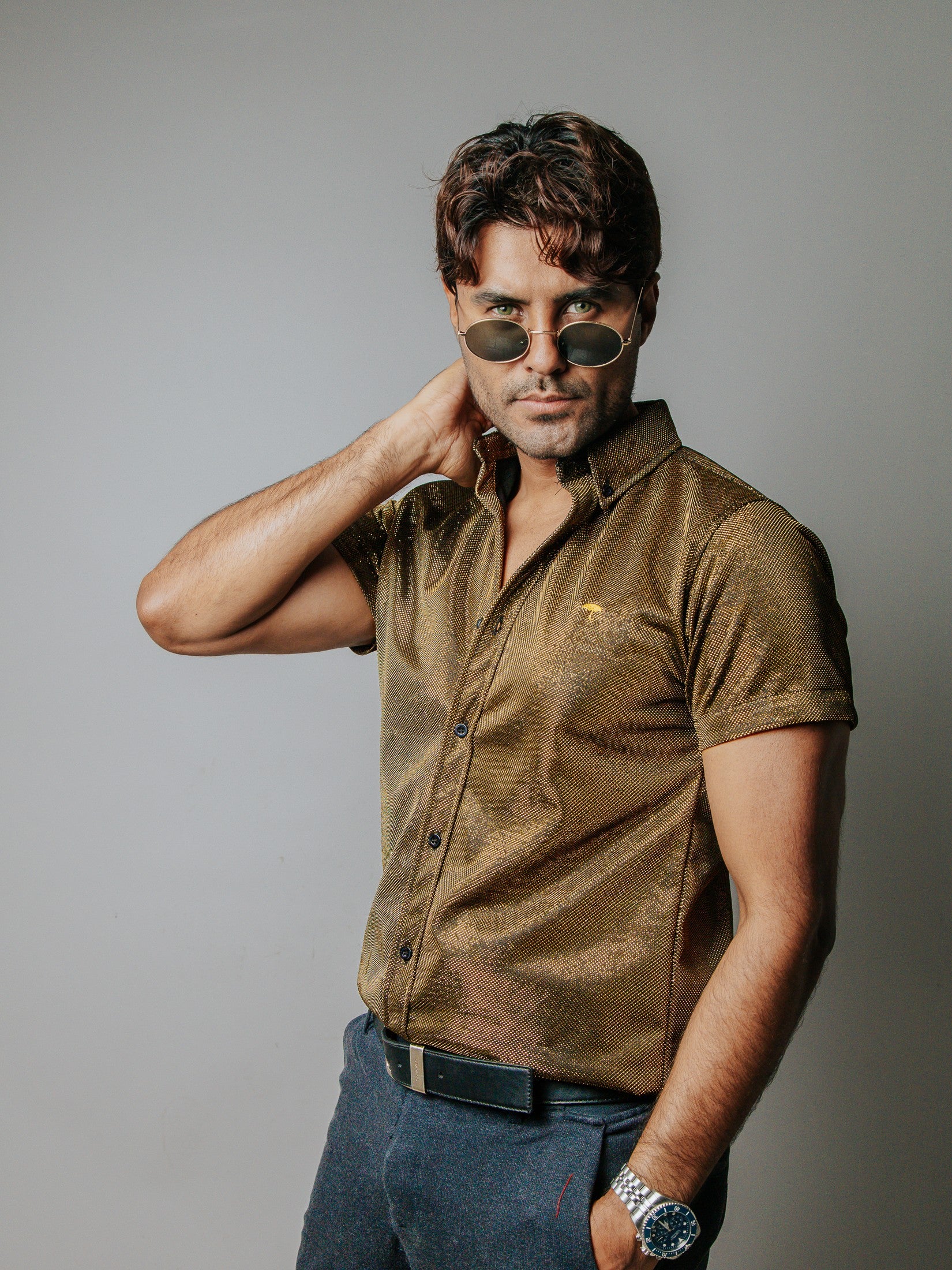 Camisa Hombre Casual Oro Brillante Manga Corta