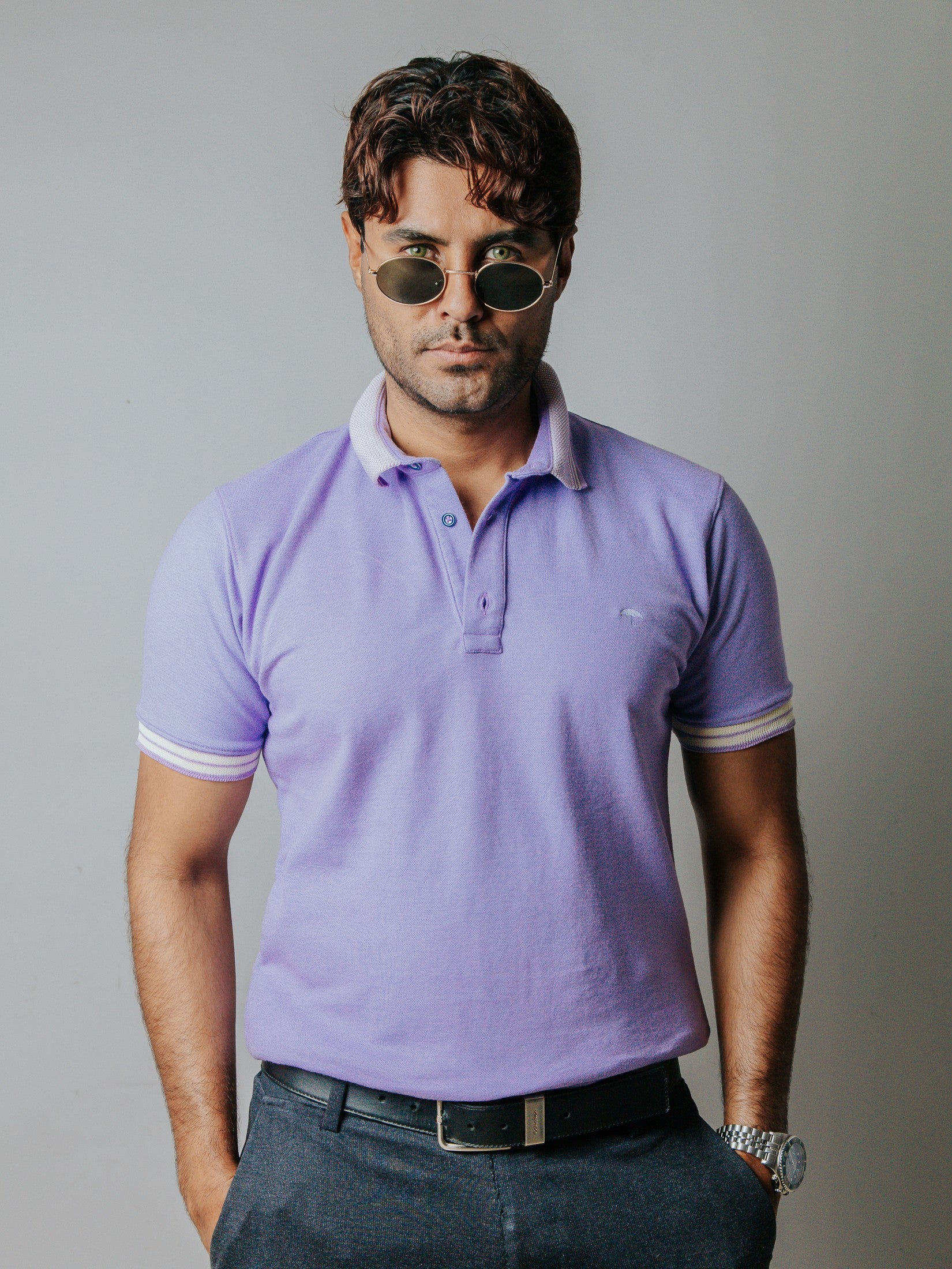 Playera Polo Hombre Slim Fit Lila Detalles Blanco