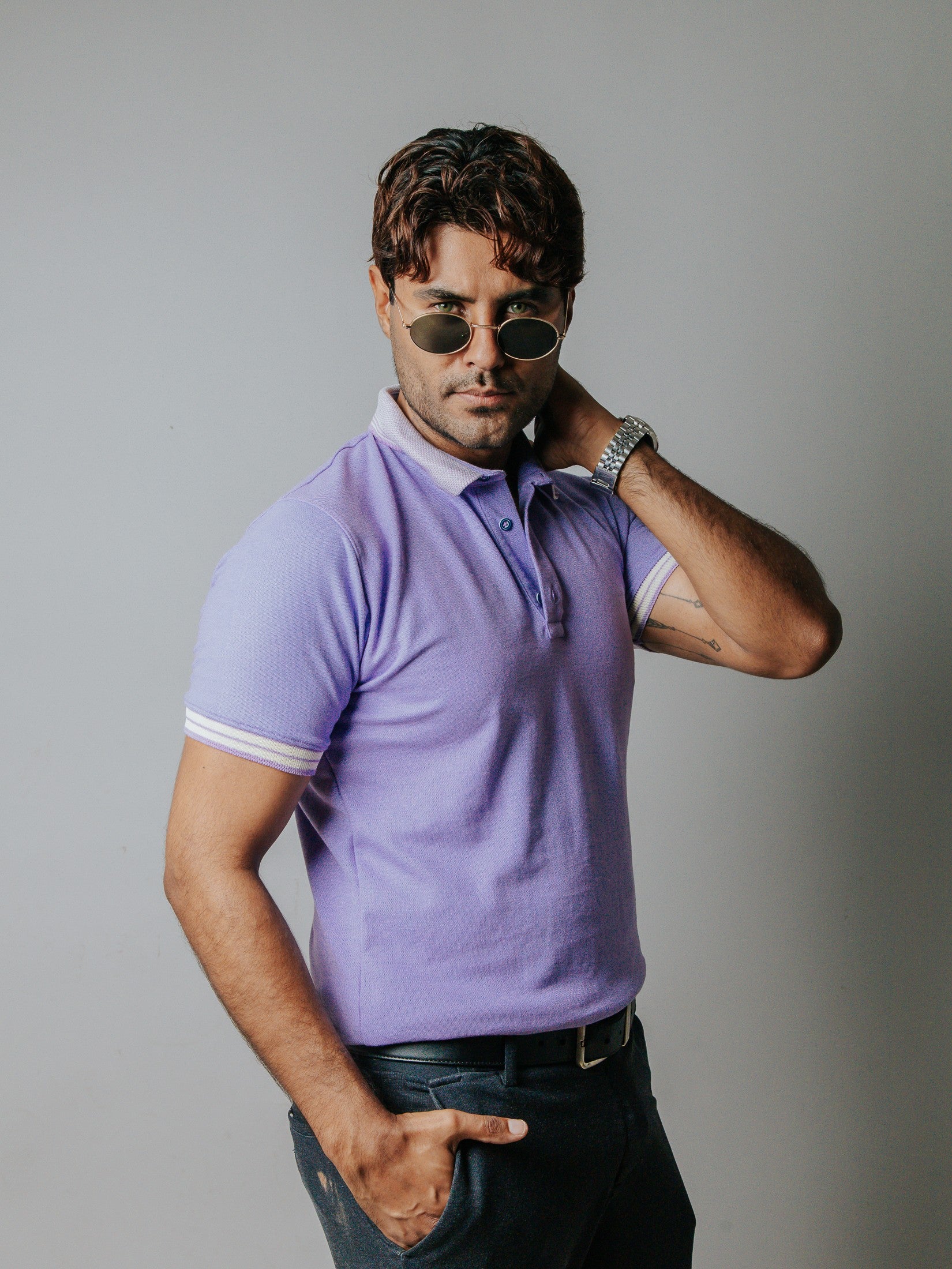 Playera Polo Hombre Slim Fit Lila Detalles Blanco