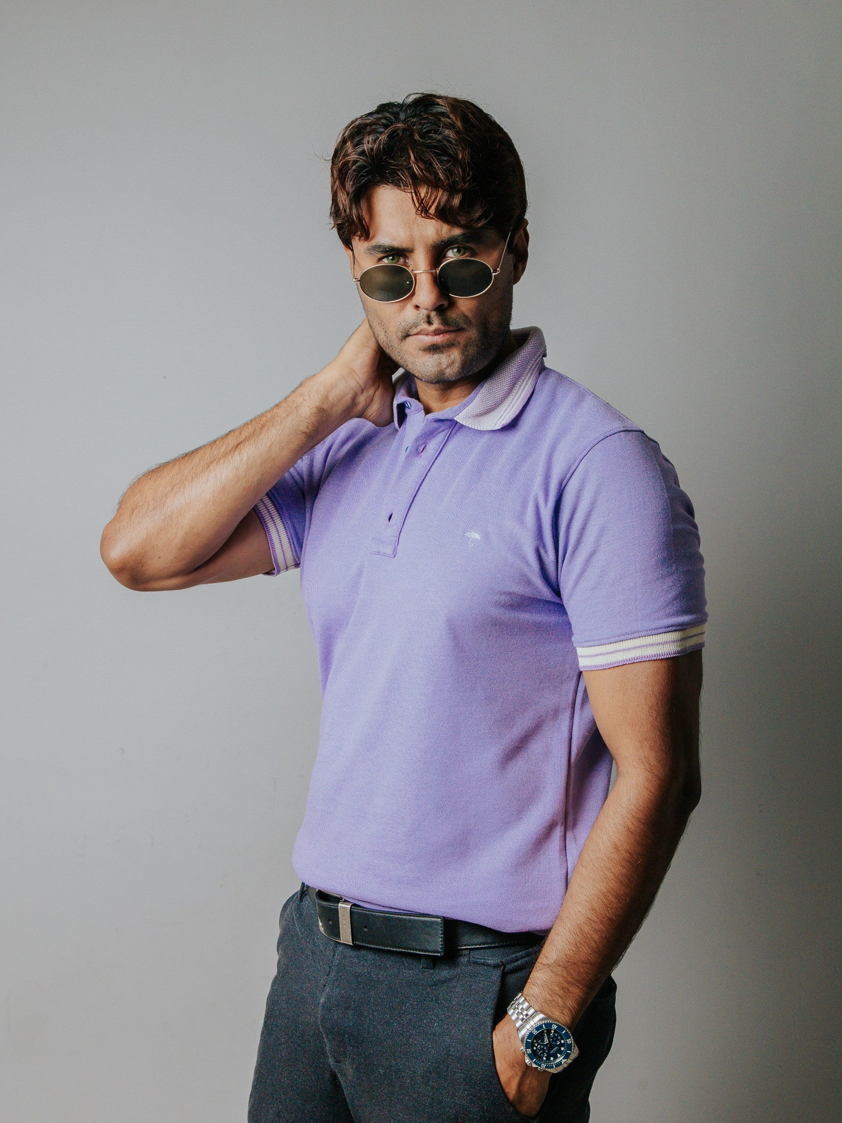 Playera Polo Hombre Slim Fit Lila Detalles Blanco