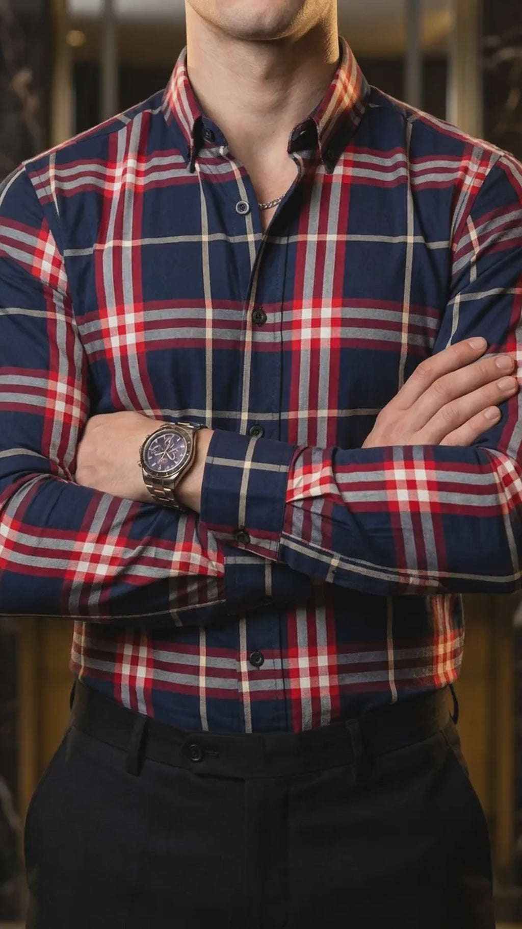 Camisa Hombre Casual Cuadros Marino Lineas Rojas, Bl (video)