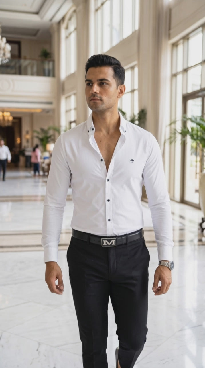 Camisa Hombre Casual Slim Fit Blanca Lisa Det. Negro