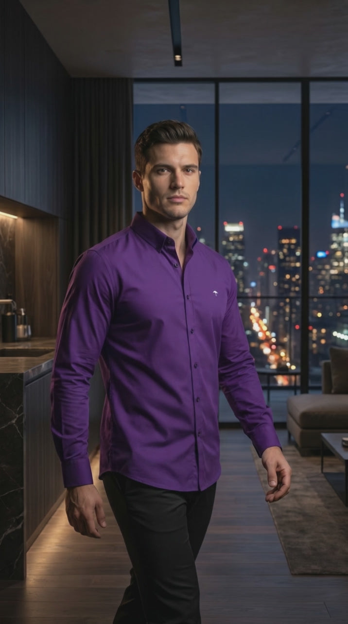 Camisa Hombre Casual Manga Corta Morada Lisa