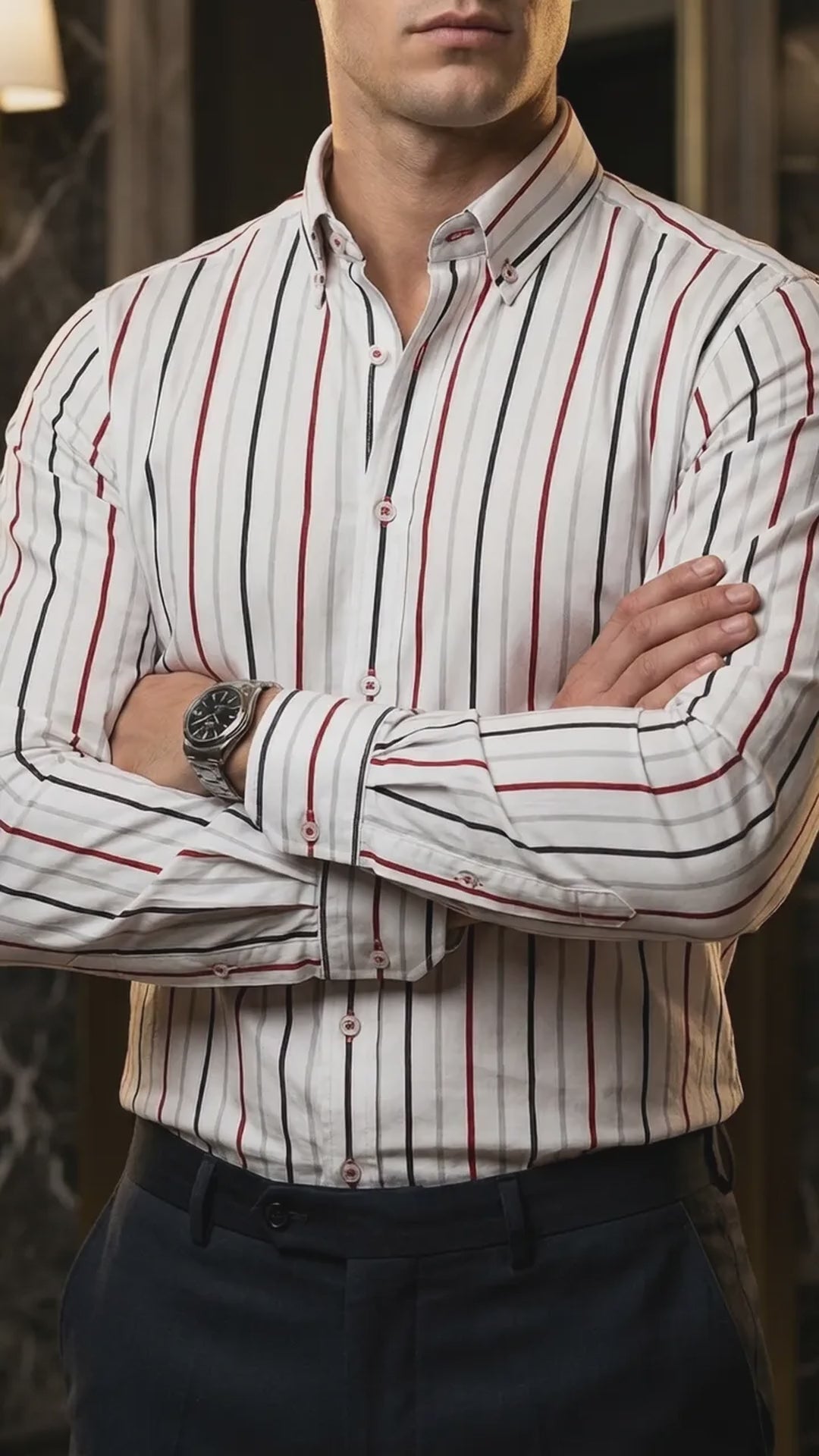 Camisa Hombre Casual Blanca Rayas Rojas, Negras, Gri (video)