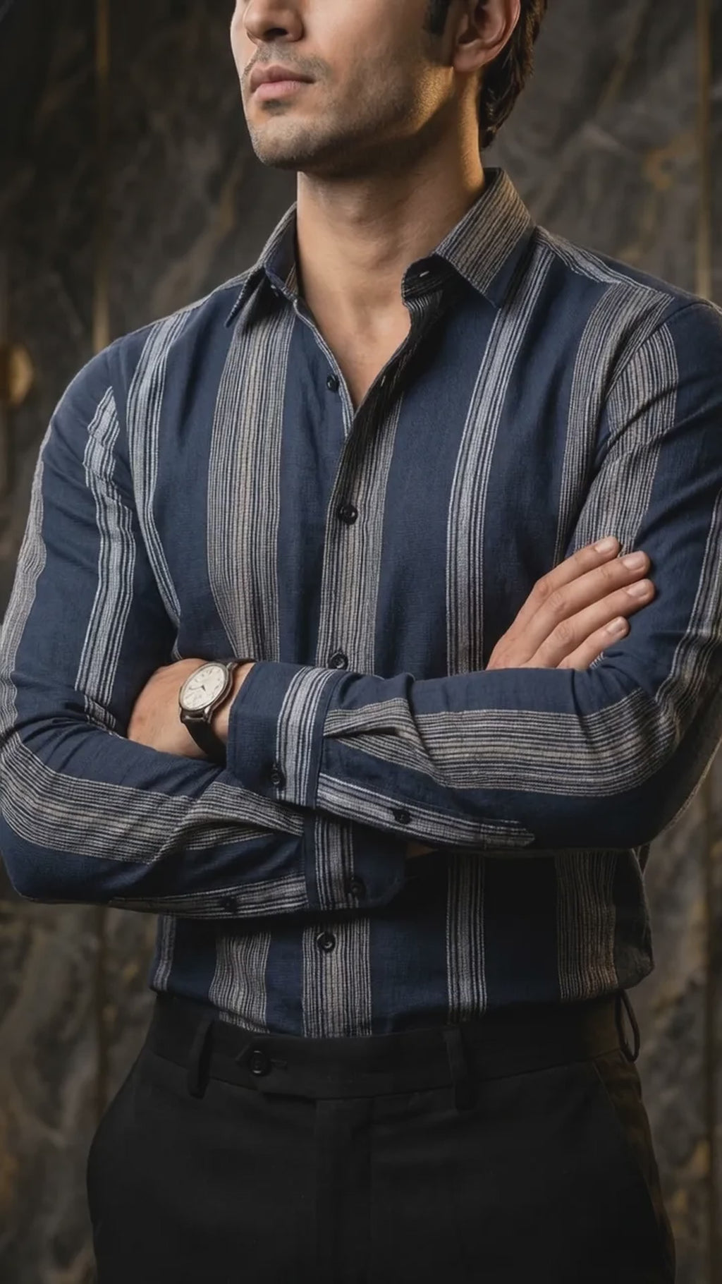 Camisa Hombre Casual Marino Rayas Gris (video)