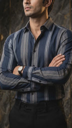 Camisa Hombre Casual Marino Rayas Gris (video)