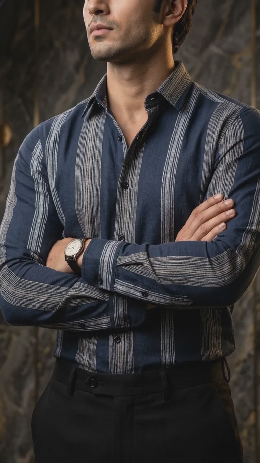 Camisa Hombre Casual Marino Rayas Gris (video)